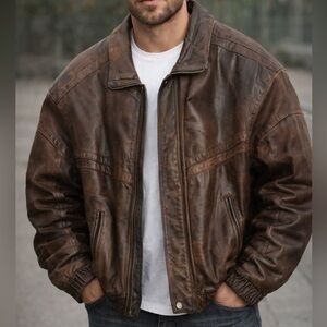 Vintage 80s-90s Rich Brown Leather Distressed Destroyed Bomber Jacket XXL *RARE*